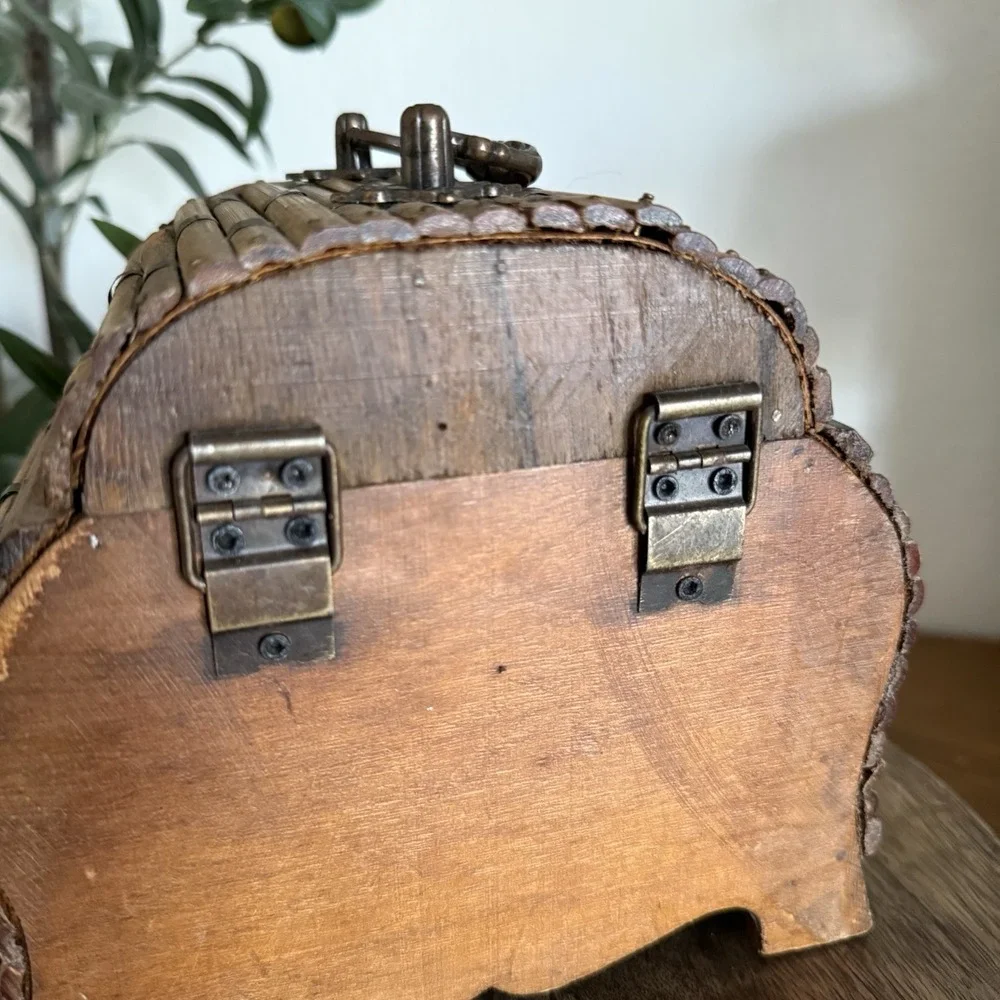 Vintage Bamboo Rattan Wooden Treasure Chest Trinket Box Hinged w/ Metal Latch 6